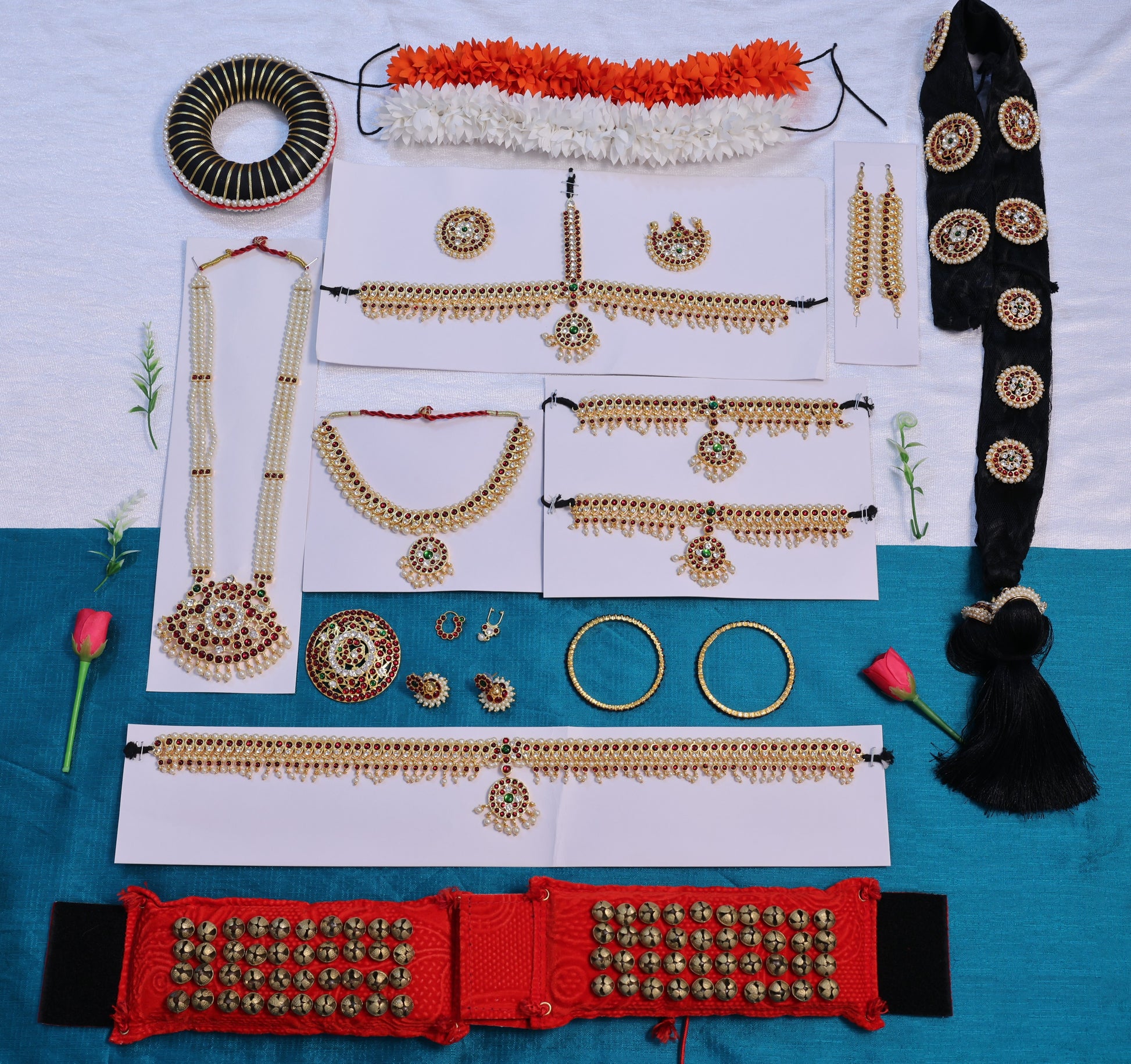 Complete Bharatanatyam temple jewellery full set with Kemp stones, headpiece, necklaces, oddiyanam, hair accessories and salangai for Arangetram