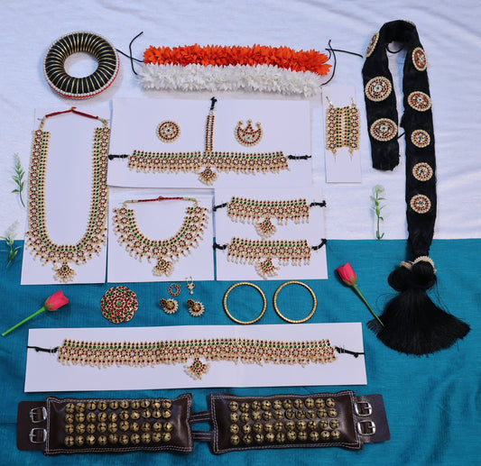 Mango design Bharatanatyam temple jewellery full set with Kemp stones, headpiece, oddiyanam, hair accessories and salangai for Arangetram in USA