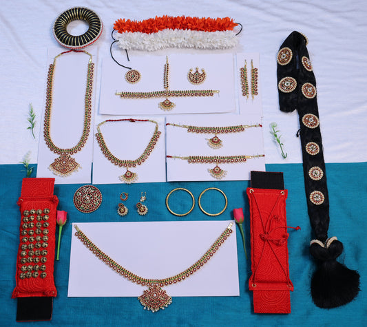 Complete Bharatanatyam temple jewellery full set with Kemp stones, headpiece, necklaces, oddiyanam, hair accessories and salangai for Arangetram