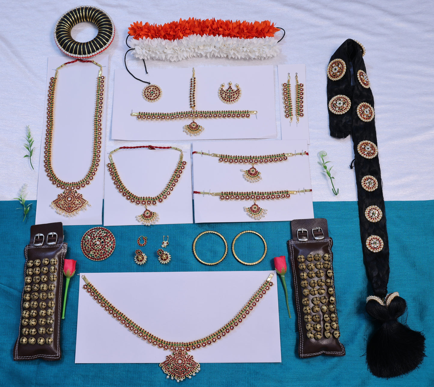 Complete Kuchipudi temple jewellery full set with Kemp stones, headpiece, necklaces, oddiyanam, hair accessories and salangai for classical dance