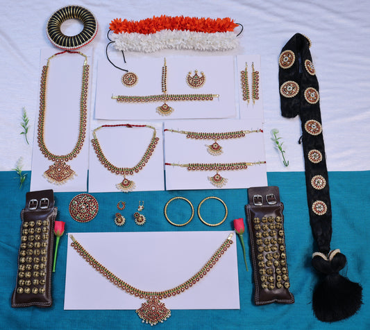 Complete Kuchipudi temple jewellery full set with Kemp stones, headpiece, necklaces, oddiyanam, hair accessories and salangai for classical dance