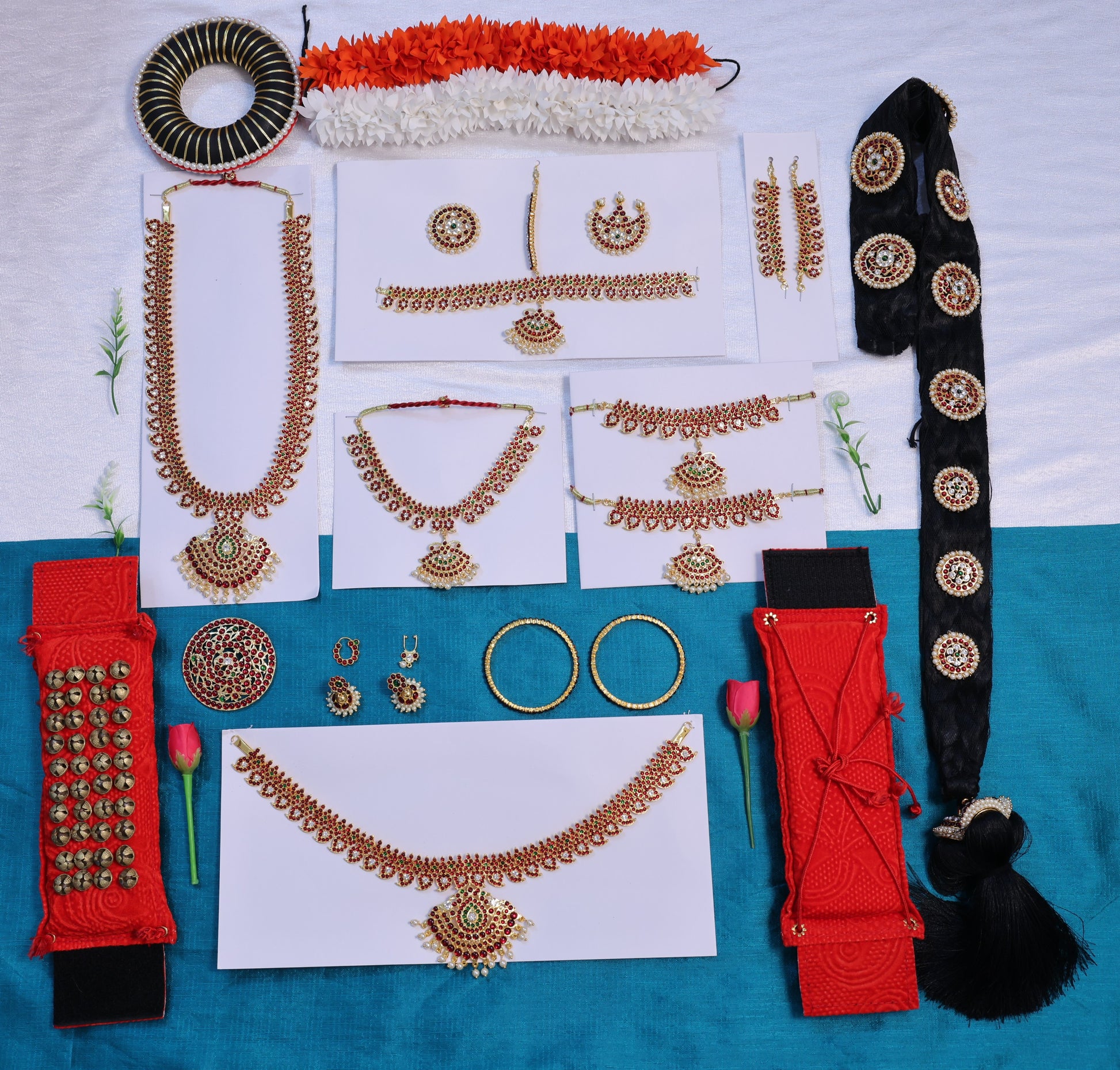 Classical dance jewellery full set for Bharatanatyam and Kuchipudi with Kemp stones, headpiece, necklaces, oddiyanam, hair accessories and salangai – USA