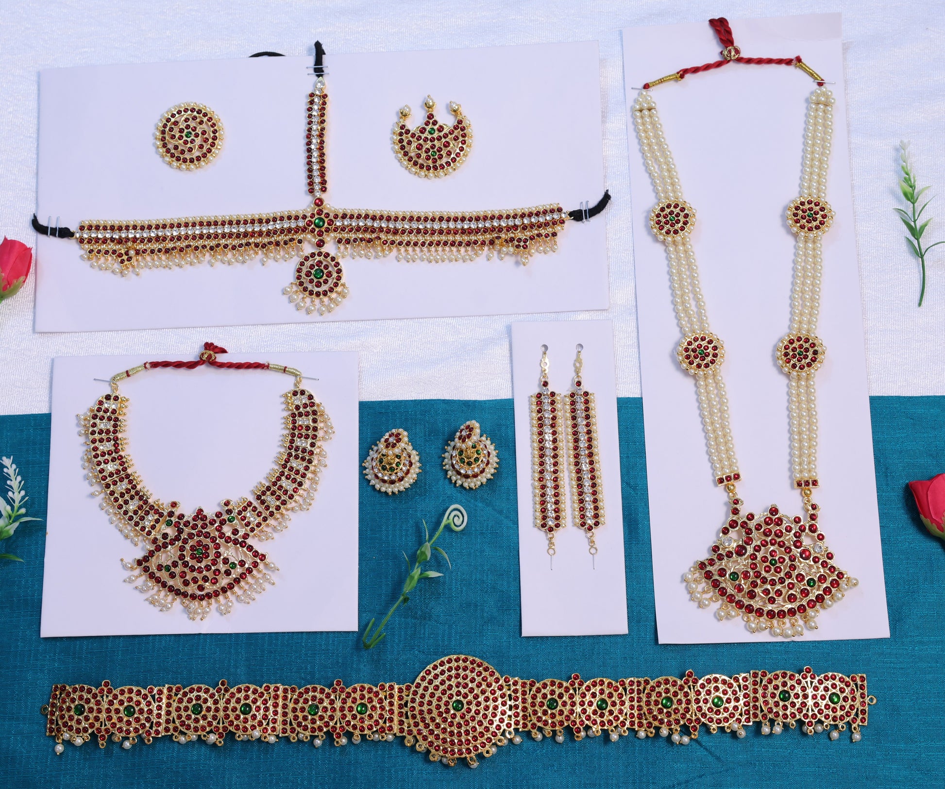 Sriman temple-style Bharatanatyam full dance jewellery set — gold-plated kemp stones and pearl accents (choker, long haram, earrings, nethi chutti, odiyanam)
