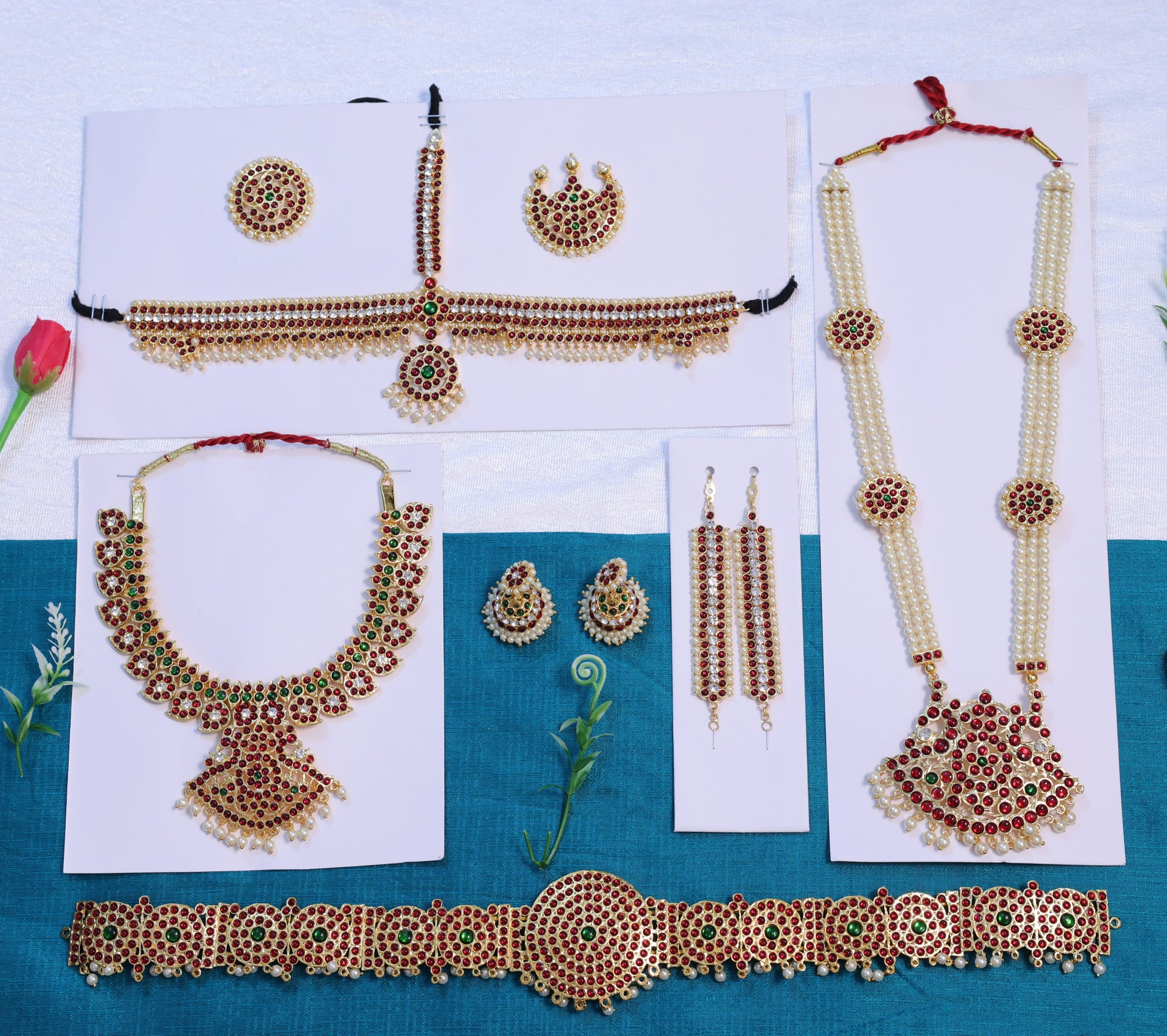 Complete Bharatanatyam jewellery set with temple jewellery long haram, choker, headpiece, jhumkas, oddiyanam belt, and Kemp stone classical dance jewellery set for Kuchipudi and Arangetram.