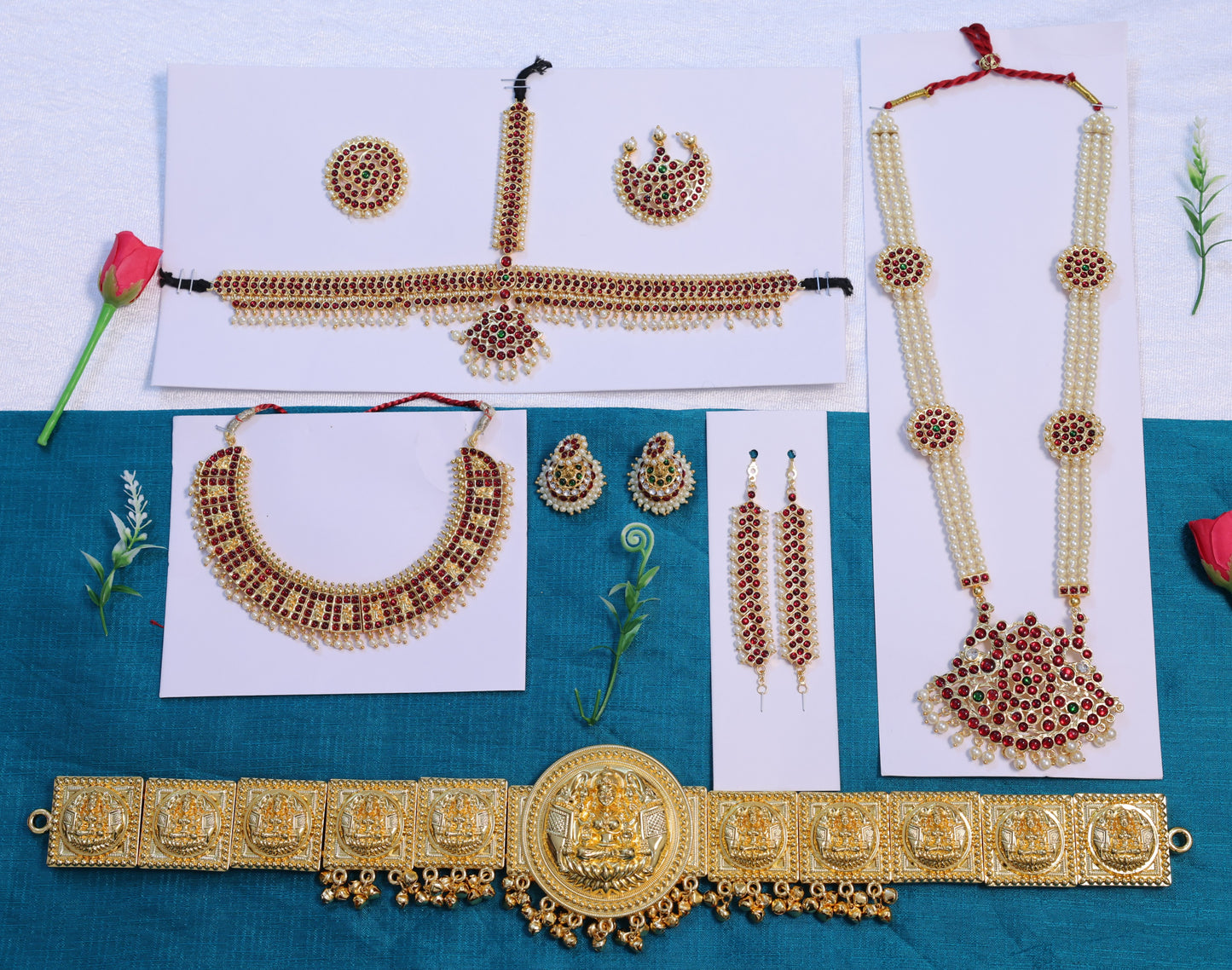 Complete Bharatanatyam jewellery set for classical dance with Kemp stones, including temple haram, choker, headpiece, earrings and oddiyanam, available with USA shipping