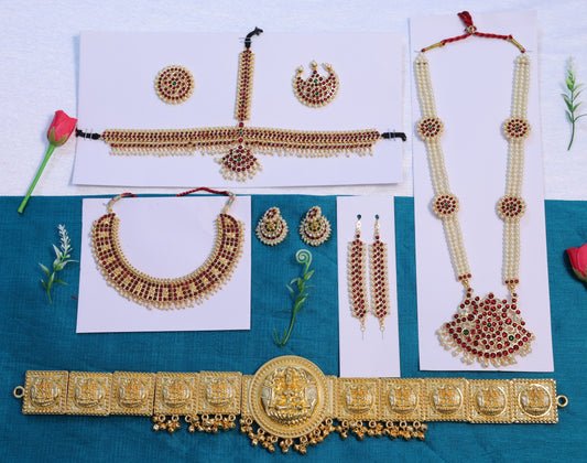 Complete Bharatanatyam jewellery set for classical dance with Kemp stones, including temple haram, choker, headpiece, earrings and oddiyanam, available with USA shipping