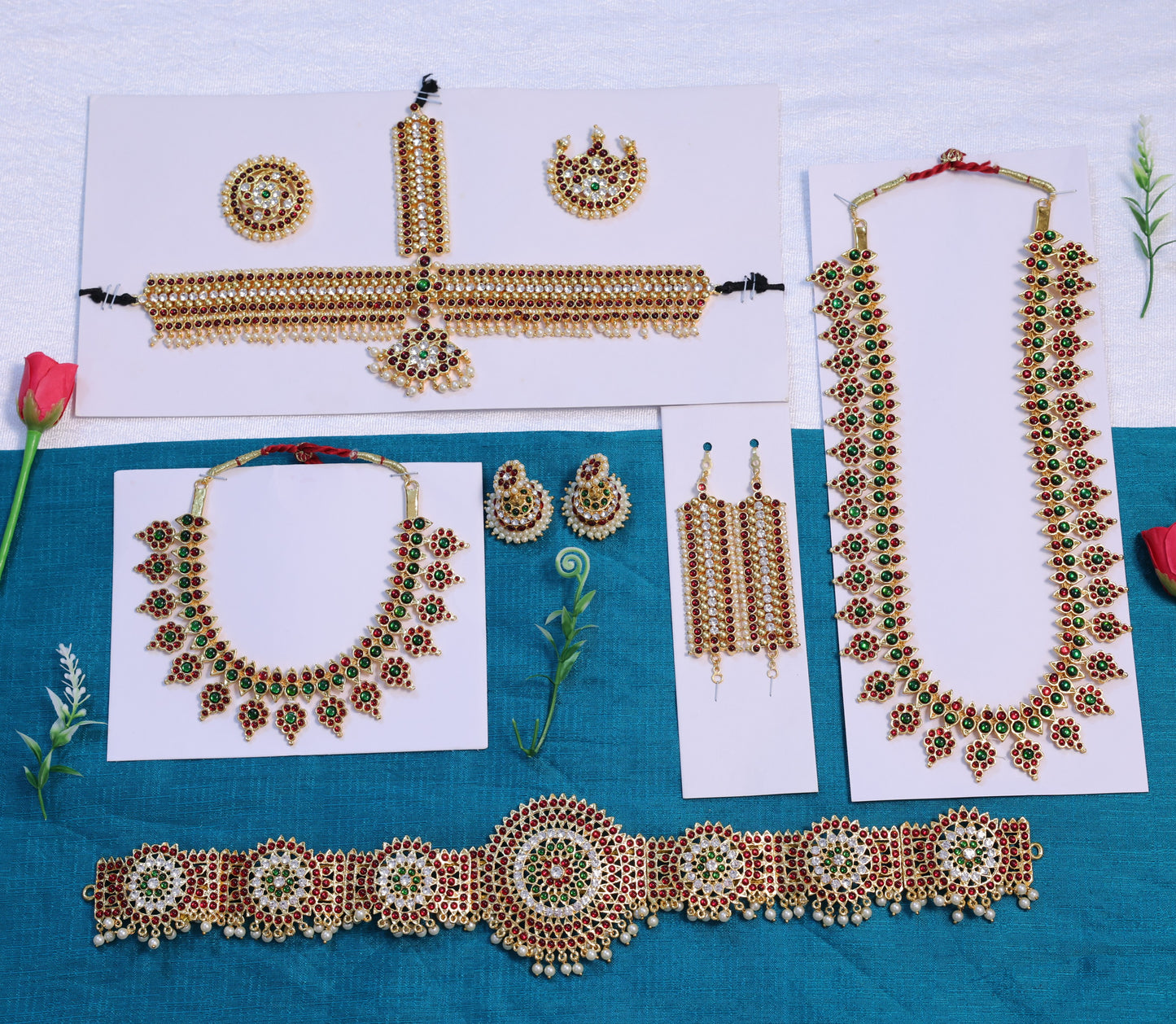 Complete Arangetram and Bharatanatyam temple jewellery set with long haram, choker, earrings, vanki, oddiyanam belt, mattal, and headpiece