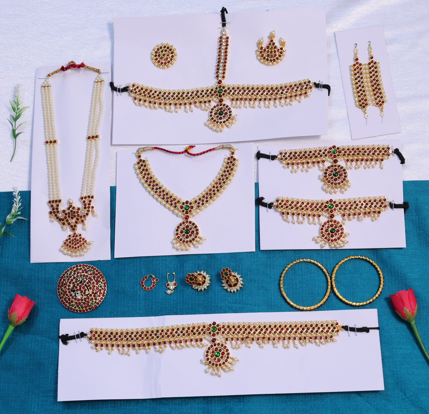 Kids classical dance jewellery with red green Kemp stones