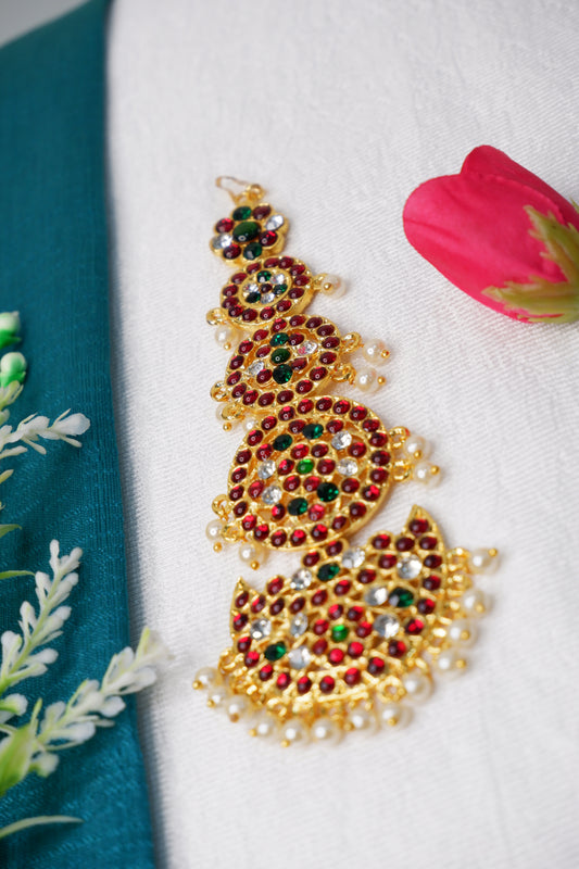 Close-up of Bharatanatyam forehead accessory craftsmanship