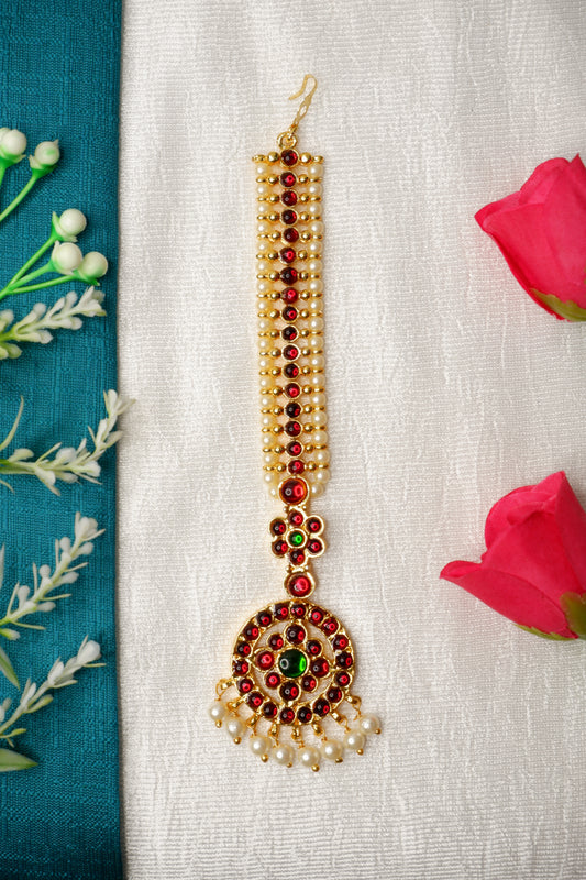 Kempu Stone Maang Tikka with Pearl Chain - Bharatanatyam Nethi Chutti