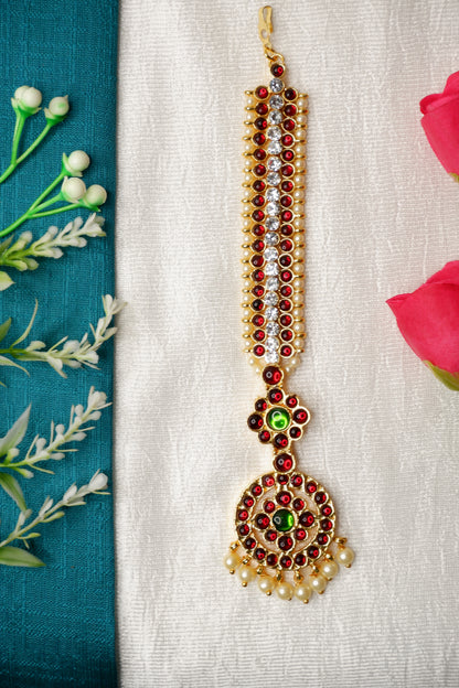 Close-up of Kuchipudi dancer’s nethi chutti ornament and classical makeup style