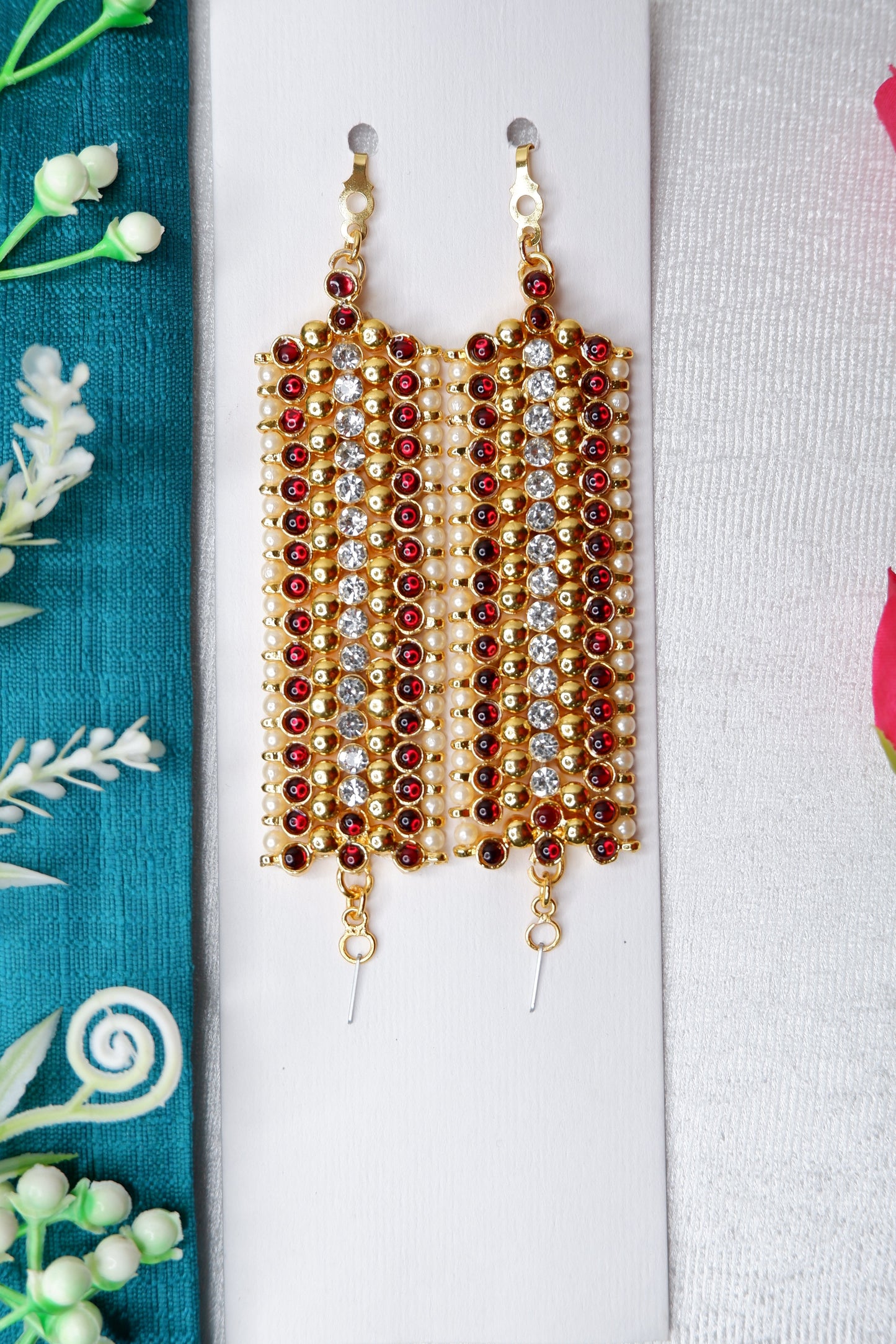 Bharatanatyam Kemp Mattal Ear Chain - Gold Plated Temple Jewelry with Kempu Stones