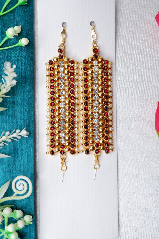 Bharatanatyam Kemp Mattal Ear Chain - Gold Plated Temple Jewelry with Kempu Stones