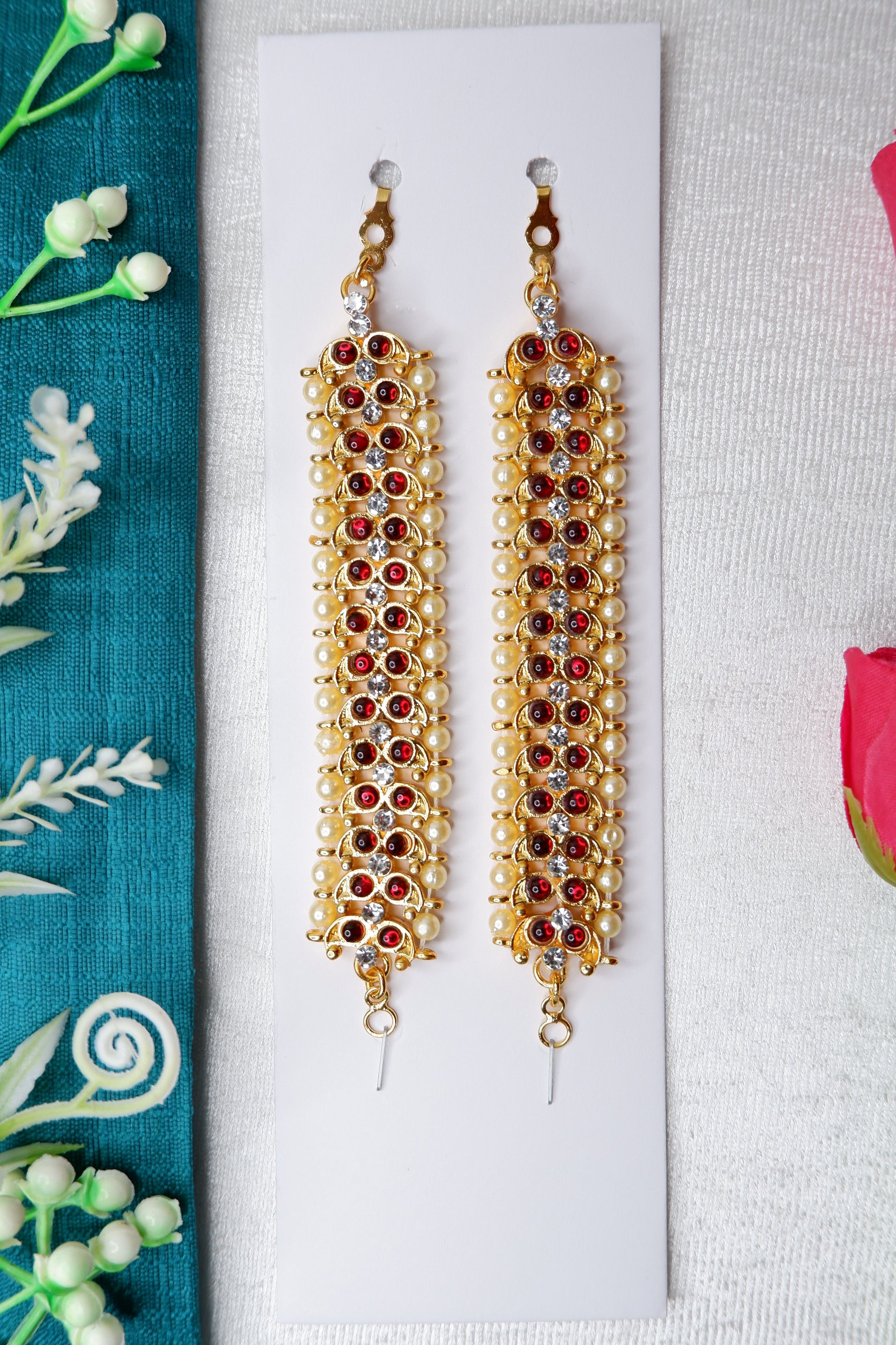 Kemp mattal ear chain for Kuchipudi dance with gold plating and kempu stones