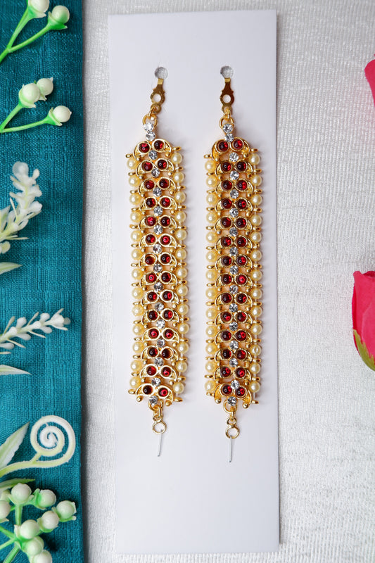 Kemp mattal ear chain for Kuchipudi dance with gold plating and kempu stones