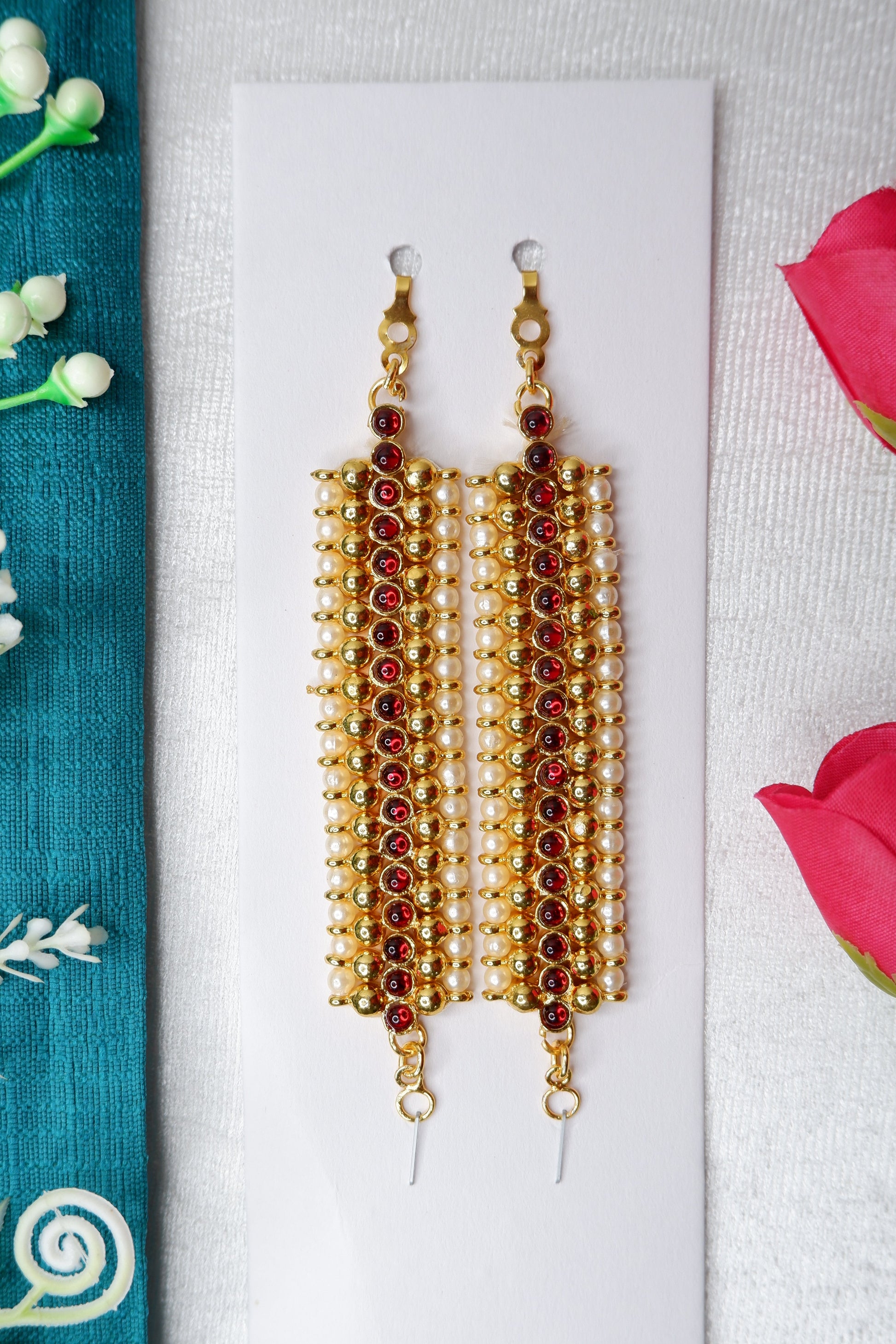 Traditional Bharatanatyam mattil forehead ornament with kempu stones and pearl accents for classical dance