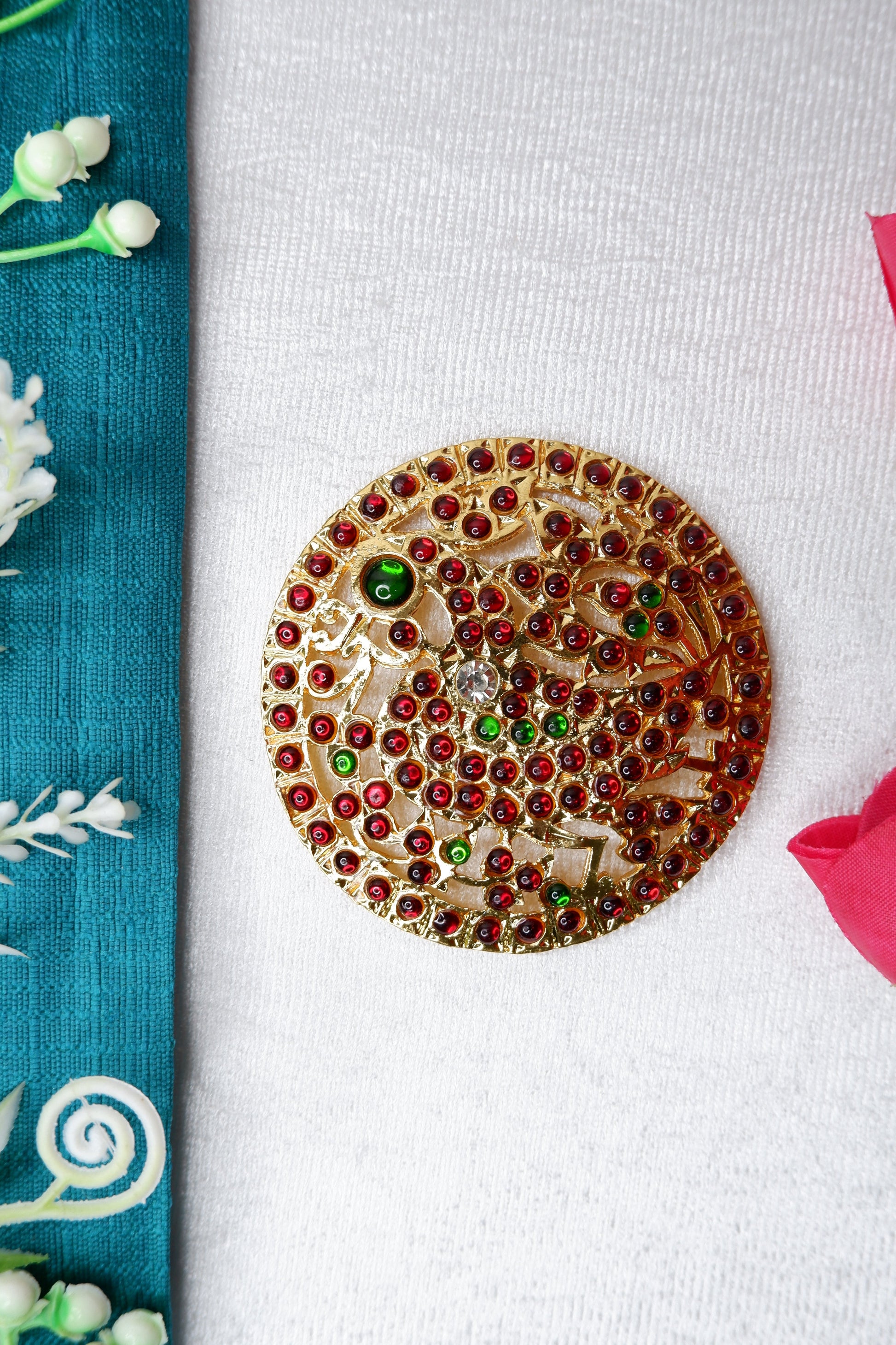 Gold plated Rakodi - Ruby Kempu stone hair accessory for Indian classical dance