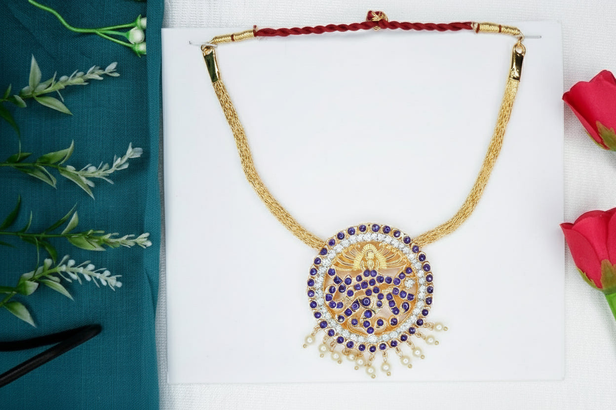 Intricately crafted Nataraj necklace featuring Lord Shiva Nataraja design, worn as traditional temple jewelry for Bharatanatyam and Kuchipudi classical dance performances.