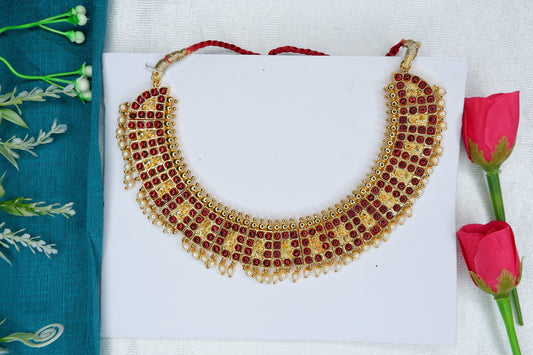 Traditional short Bharatanatyam/Kuchipudi dance necklace with temple-style gold finish and gemstone detailing