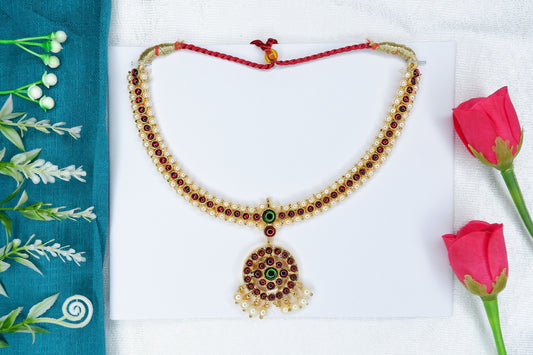 Gold-tone classical dance short necklace with embellished stones for Bharatanatyam/Kuchipudi costume.
