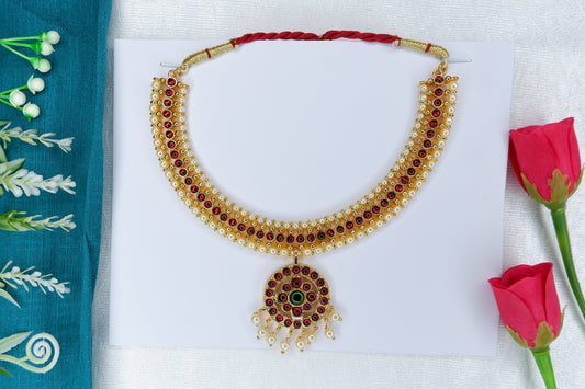 Traditional Indian classical dance short necklace with antique gold finish and temple design