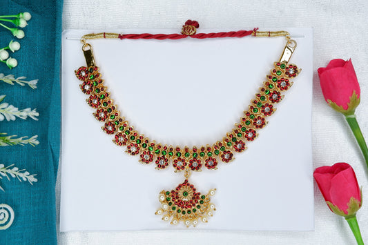 Indian classical dance short necklace ornament with gold finish and red stones