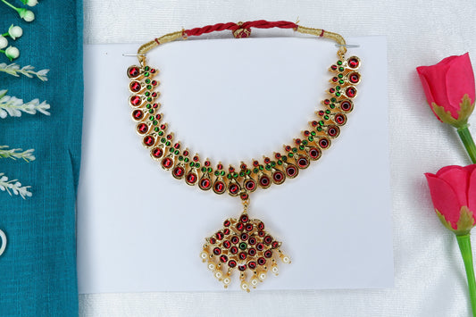 Indian classical dance short necklace ornament with gold finish and red stone