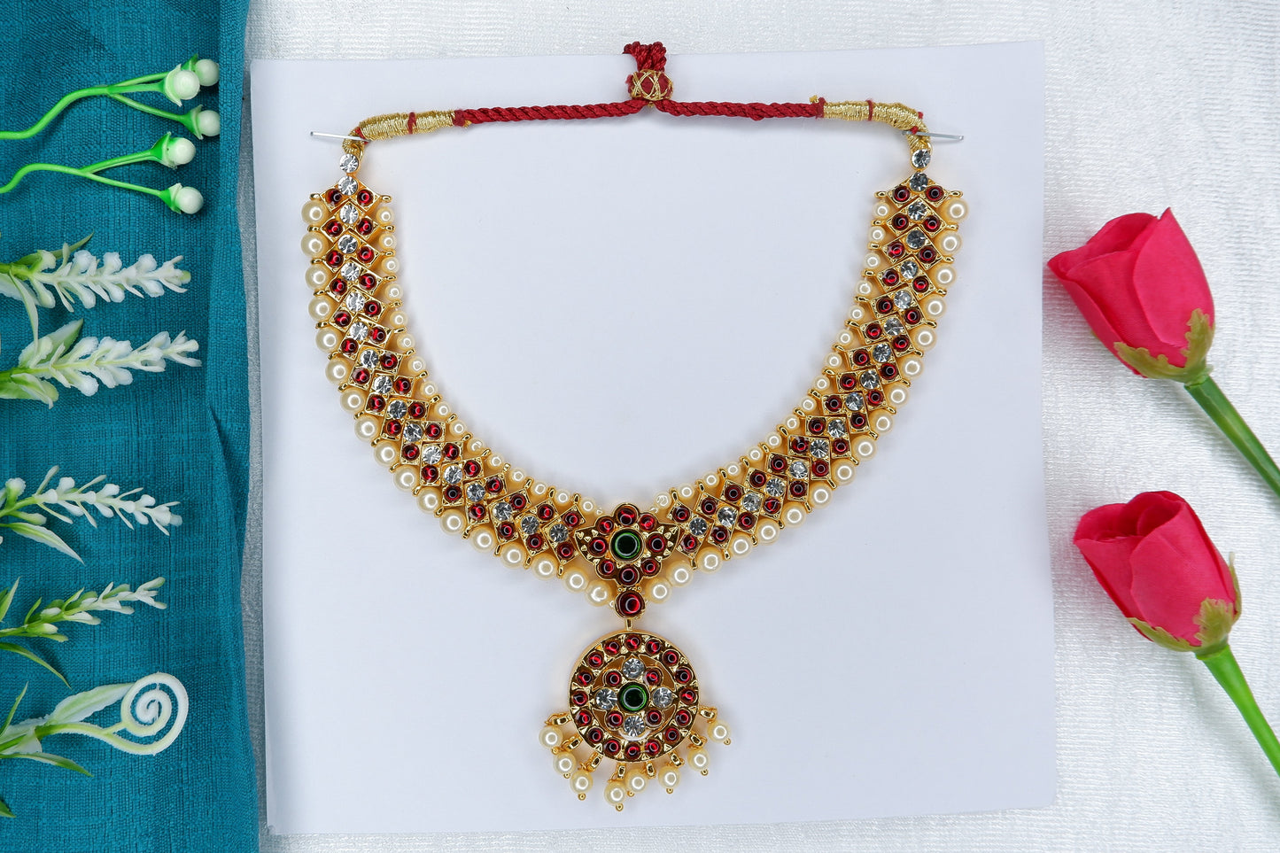 Traditional short gold-toned Bharatanatyam temple jewellery necklace