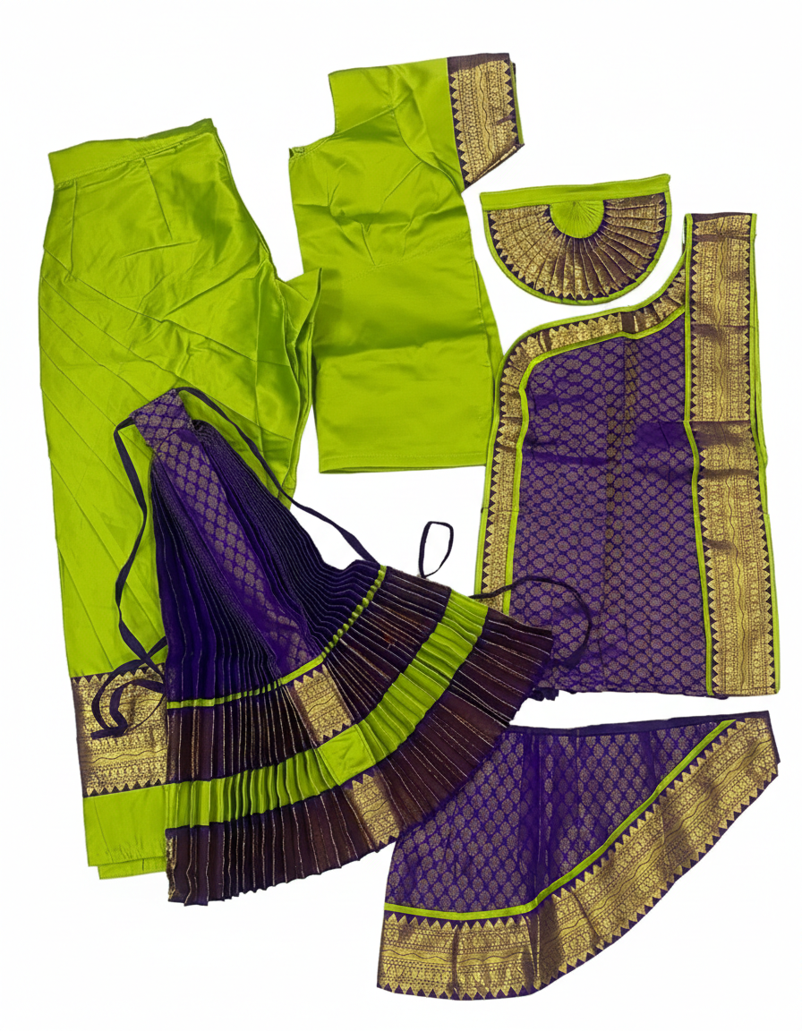 Bharatanatyam classical dance costume green purple silk with pleated fan for arangetram performance