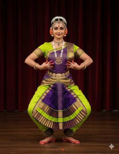Green and Purple Bharatanatyam Classical Dance Costume Set with Fan Pleats