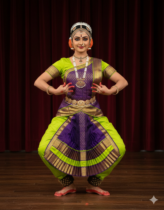 Green and Purple Bharatanatyam Classical Dance Costume Set with Fan Pleats