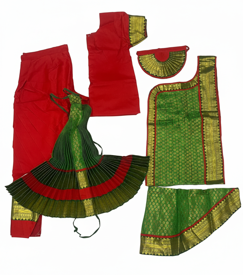Traditional Bharatanatyam dance costume red and green classical costume with pleated fan