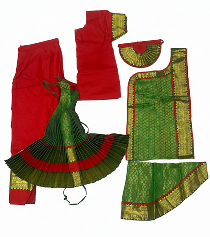 Traditional Bharatanatyam dance costume red and green classical costume with pleated fan