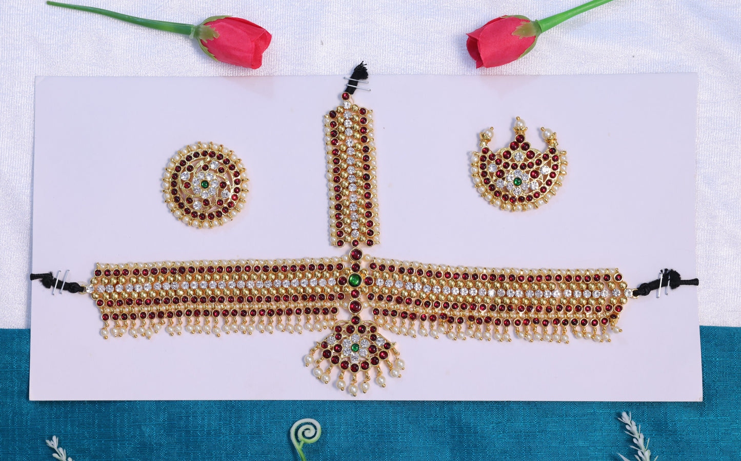 Broad nethi chutti head set with kempu stones and pearl hangings for Bharatanatyam and Kuchipudi
