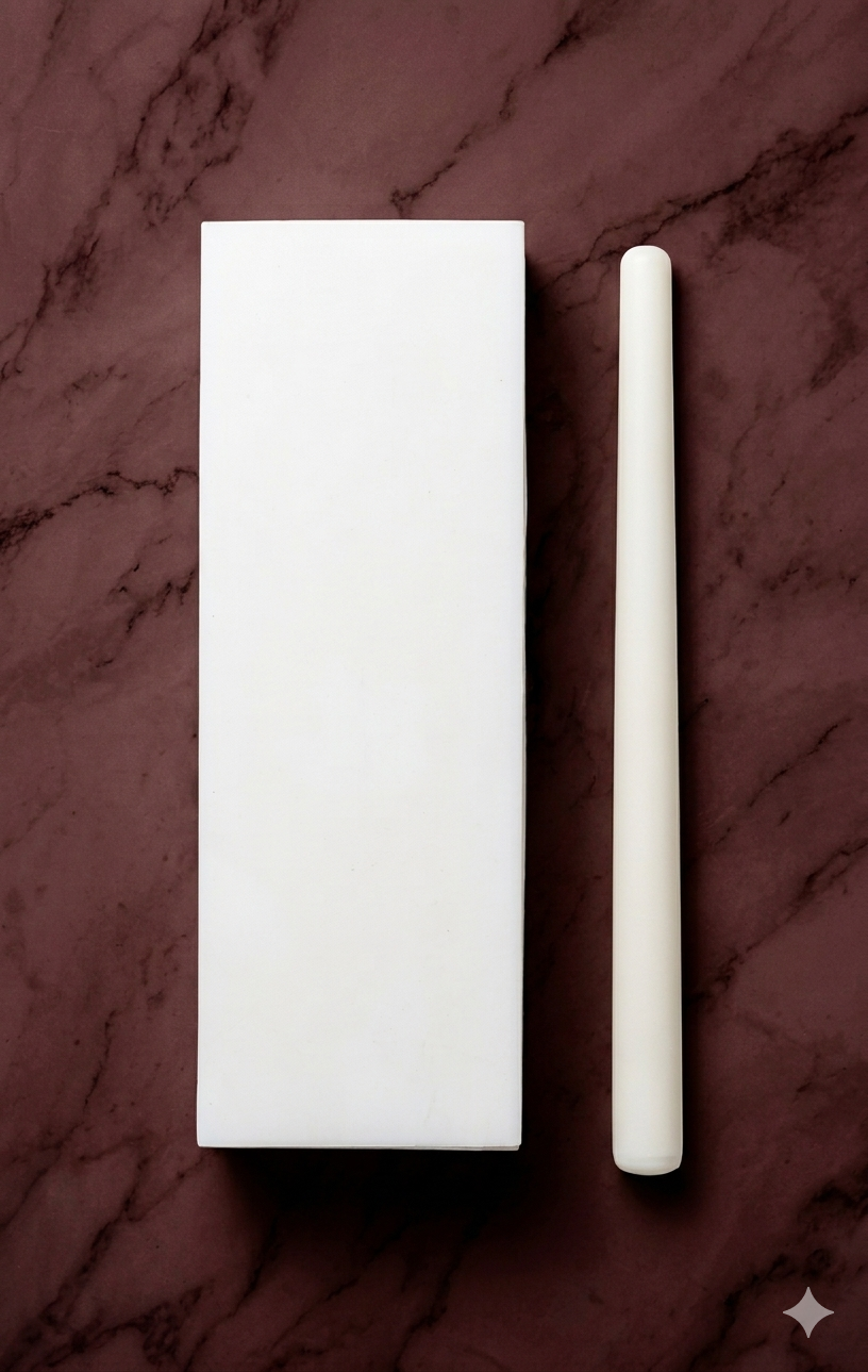 White fiber Thattu Manai board with practice stick for Bharatanatyam dance on marble background