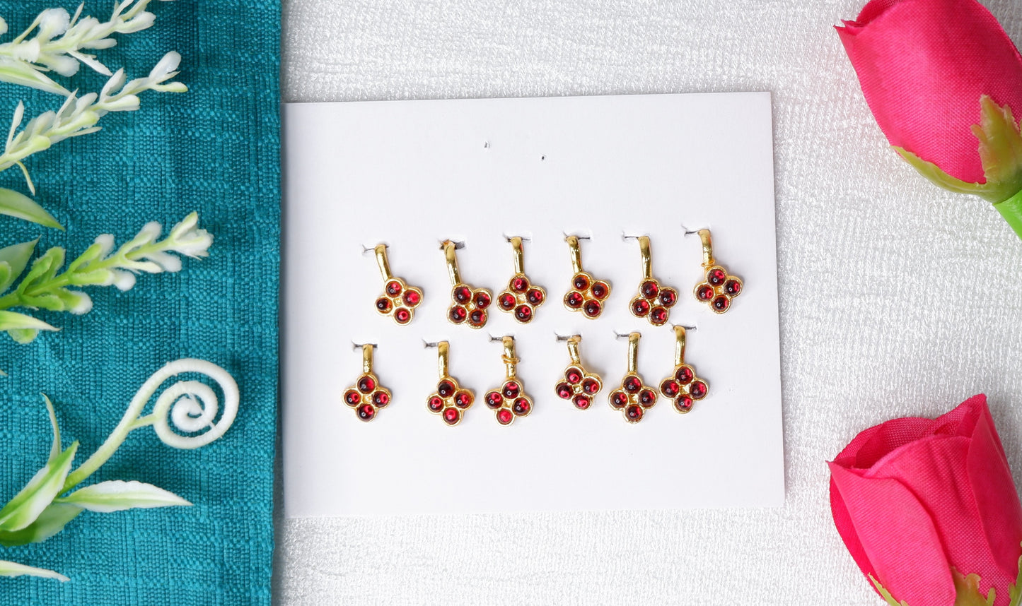 Floral red stone nose pin nath for Bharatanatyam and Kuchipudi classical dance