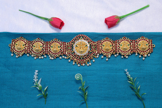 Grand kempu stone Lakshmi temple oddiyanam waist belt with pearl hanging for Bharatanatyam and Kuchipudi dance jewellery