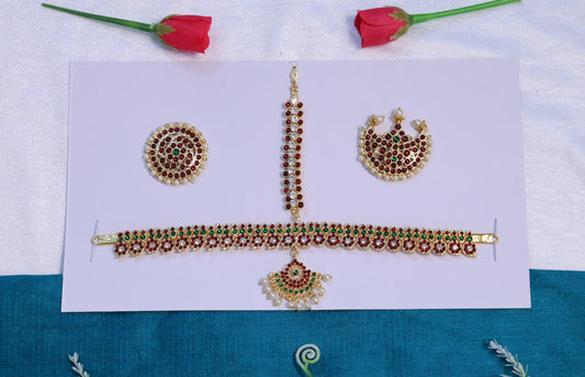 Kempu green stone headset and waist belt for Bharatanatyam