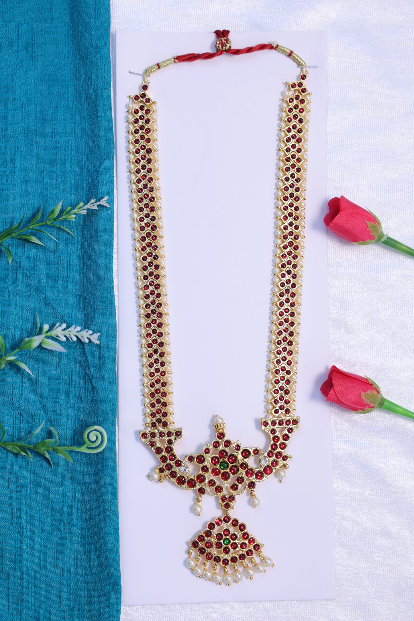 kempu haram ruby stone long necklace bharatanatyam kuchipudi classical dance jewellery