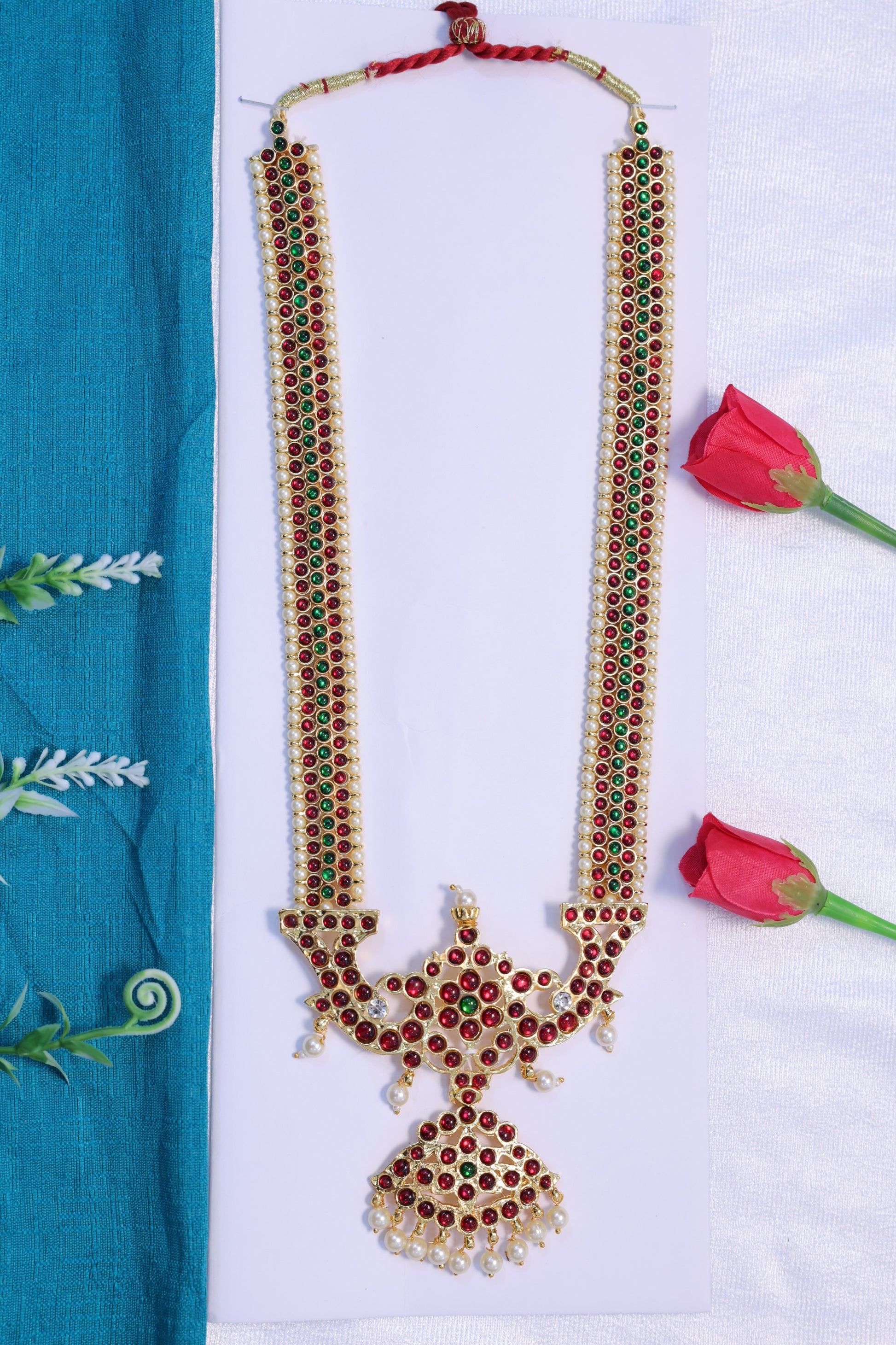 kempu haram ruby green stone long necklace bharatanatyam kuchipudi classical dance jewellery