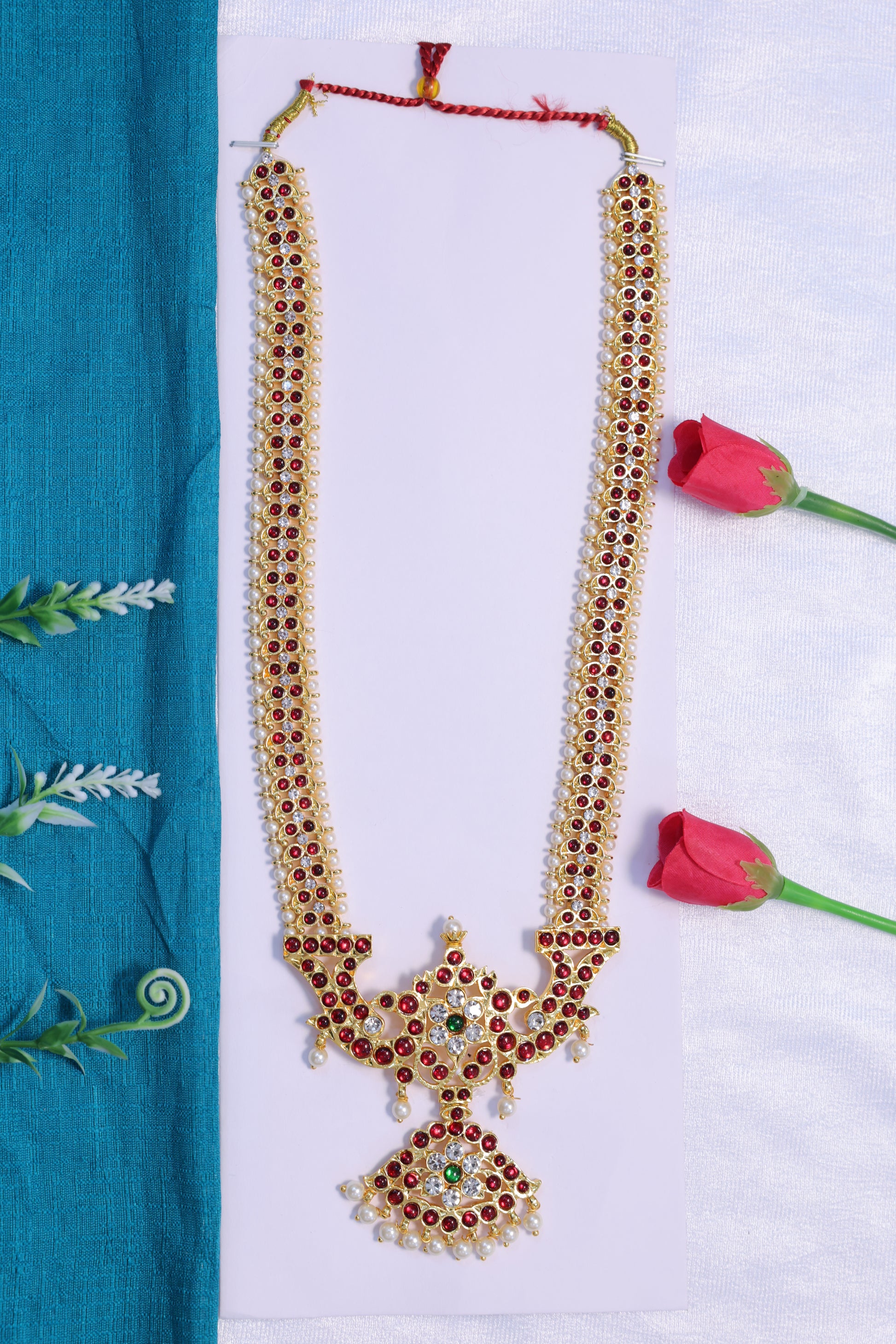 kempu haram ruby stone long necklace bharatanatyam kuchipudi classical dance jewellery
