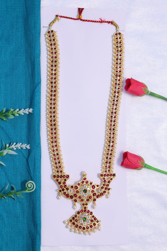 kempu haram ruby stone long necklace bharatanatyam kuchipudi classical dance jewellery