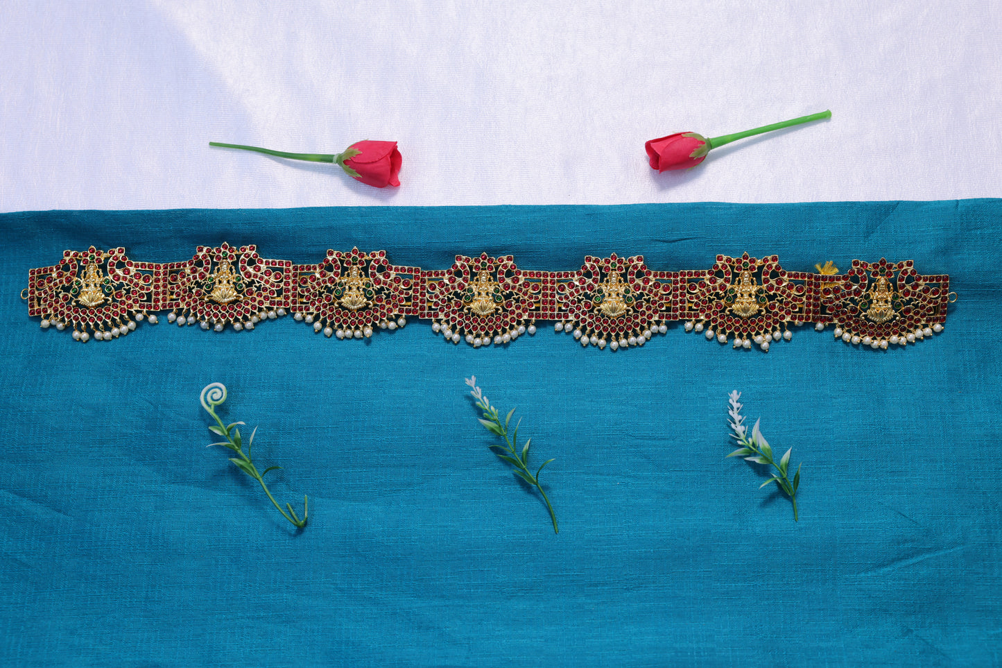 Kempu stone Lakshmi temple oddiyanam waist belt with pearl hanging for Bharatanatyam and Kuchipudi dance jewellery 