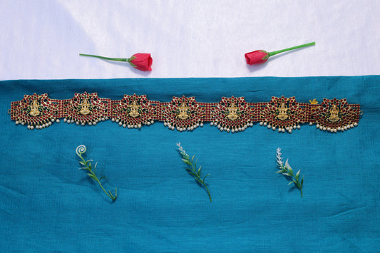Kempu stone Lakshmi temple oddiyanam waist belt with pearl hanging for Bharatanatyam and Kuchipudi dance jewellery 