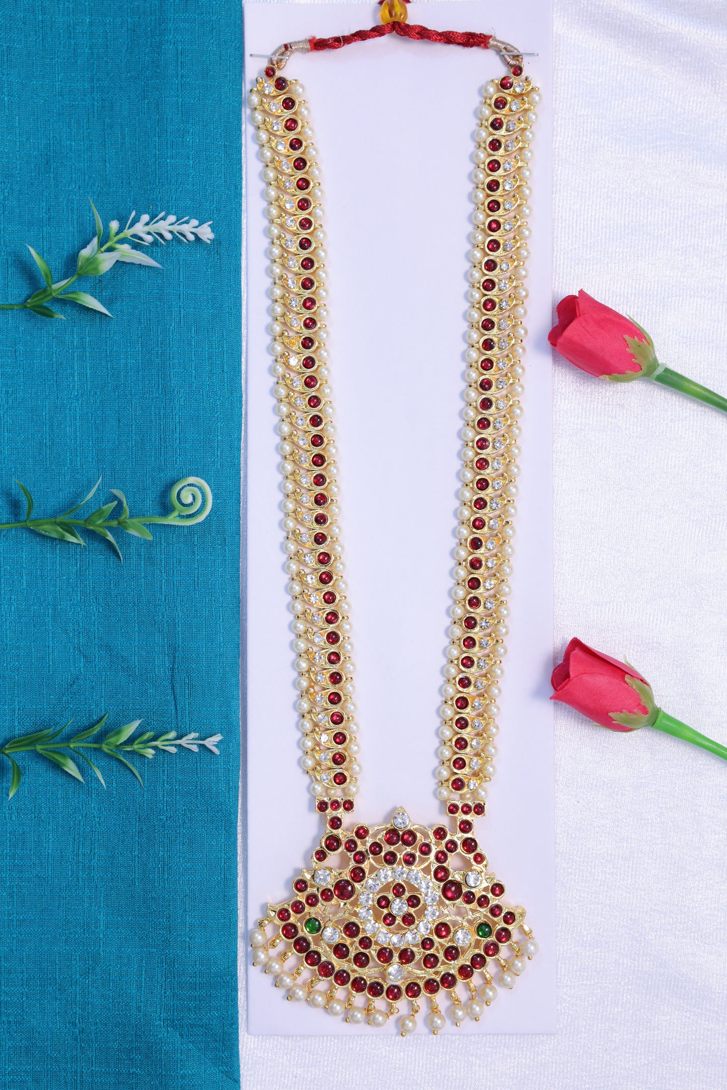 kempu pearl haram ruby stone long necklace bharatanatyam kuchipudi classical dance jewellery