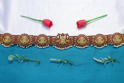 Kempu stone temple oddiyanam waist belt with Lakshmi design for Bharatanatyam and Kuchipudi dance jewellery
