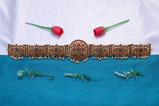 Kempu stone temple oddiyanam waist belt with pearl hanging for Bharatanatyam and Kuchipudi dance jewellery