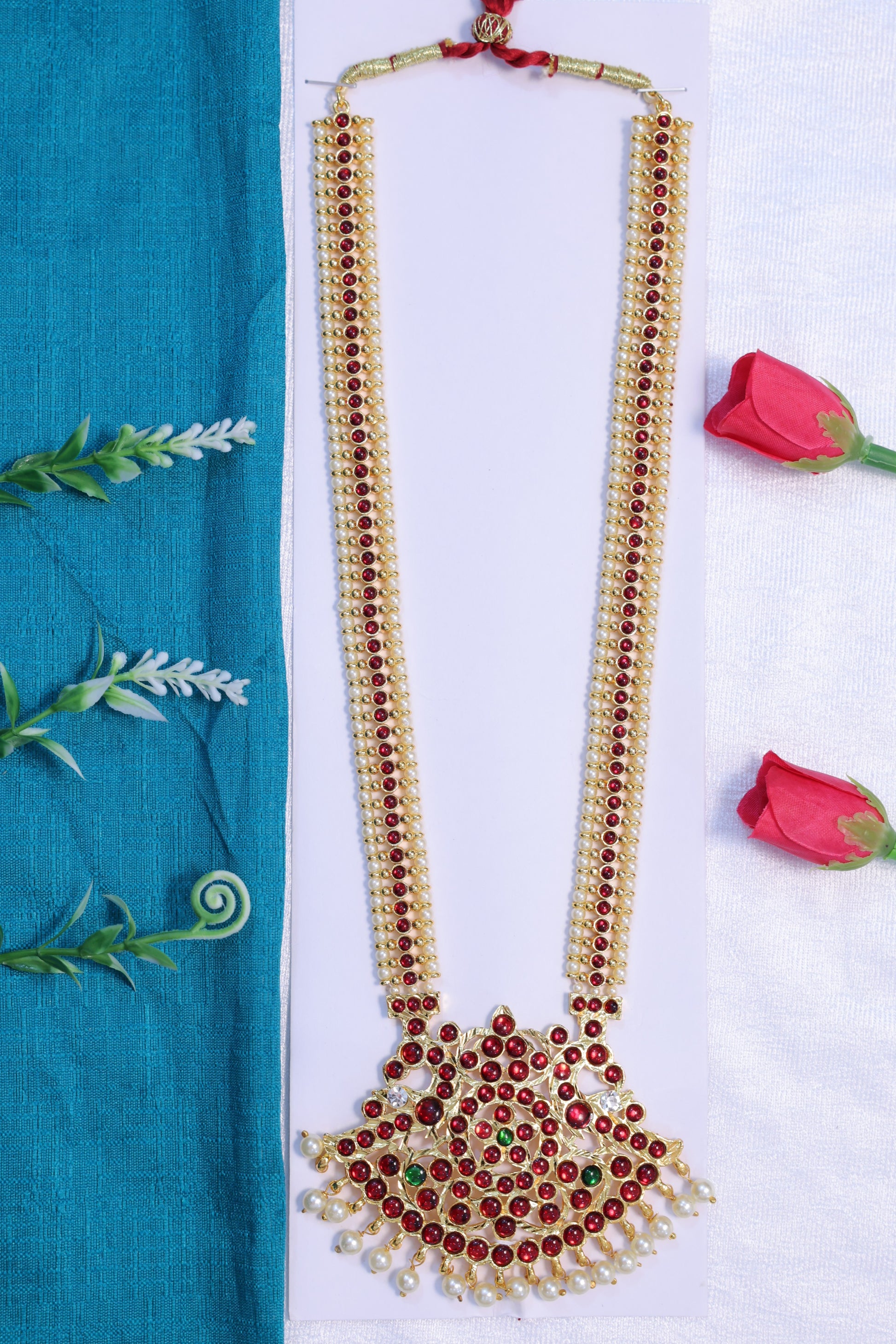 kempu haram set ruby stone long necklace bharatanatyam kuchipudi classical dance jewellery