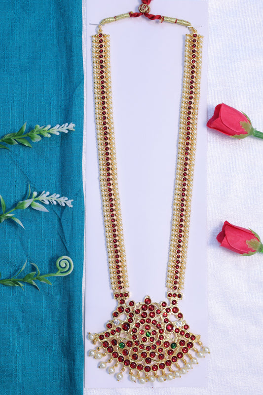 kempu haram set ruby stone long necklace bharatanatyam kuchipudi classical dance jewellery