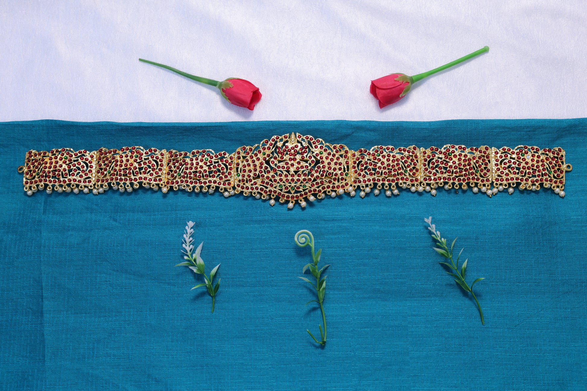 Kempu stone temple oddiyanam waist belt with pearl hanging for Bharatanatyam and Kuchipudi dance jewellery